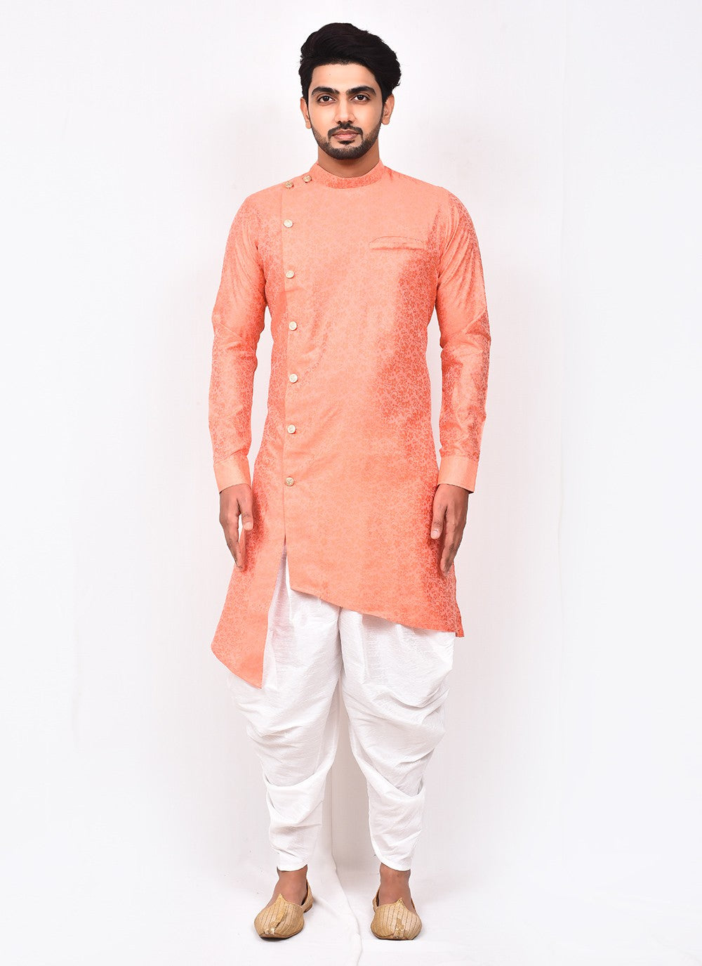 Fancy Work Jacquard Silk Peach Indo Western - M3258