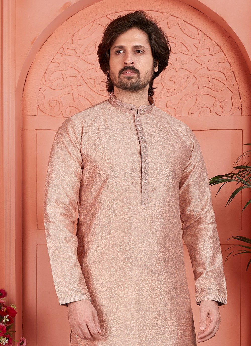 Mirror Brocade, Jacquard Silk Peach Kurta Pyjama - M7751