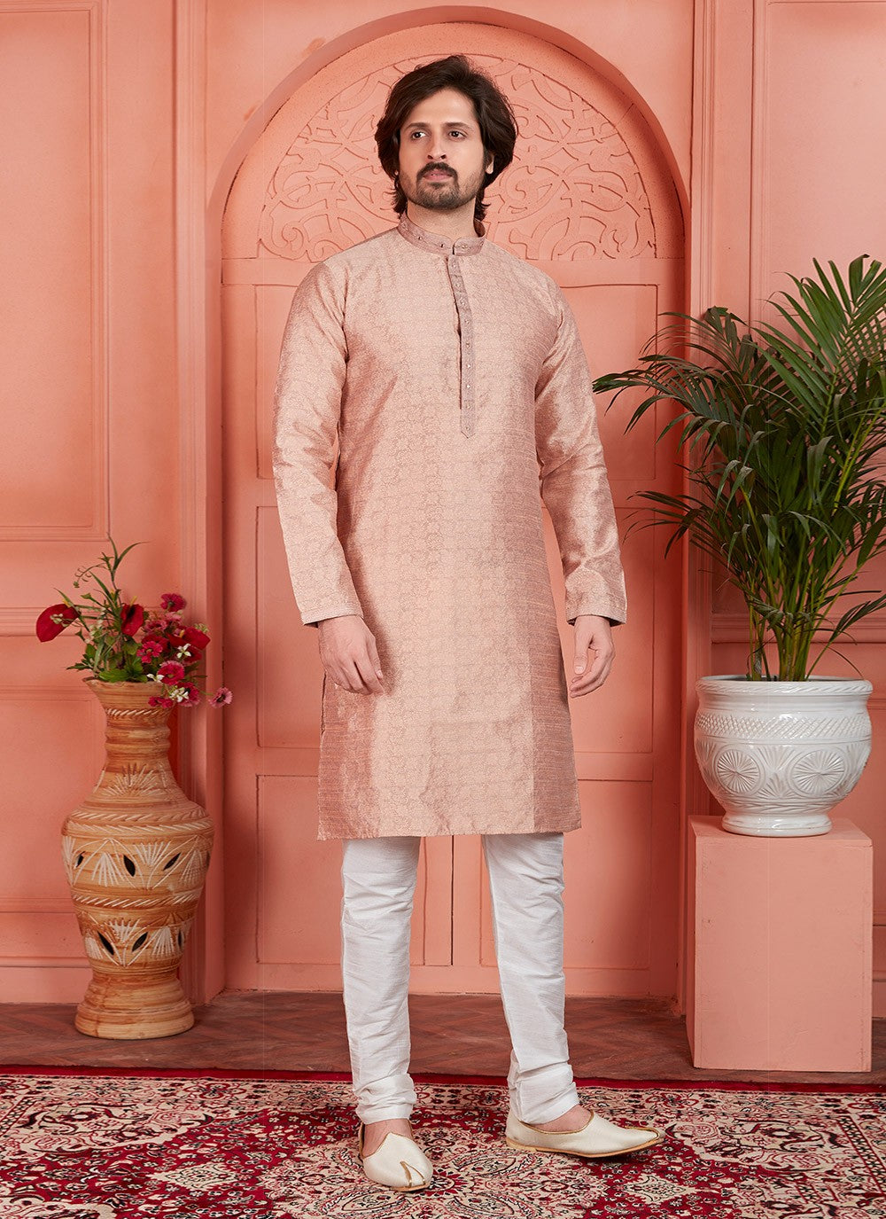 Mirror Brocade, Jacquard Silk Peach Kurta Pyjama - M7751