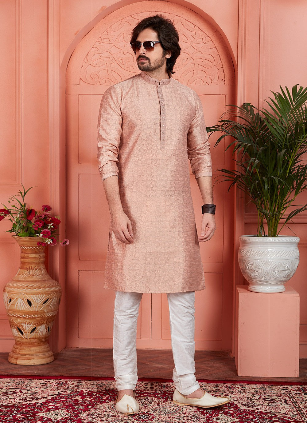 Mirror Brocade, Jacquard Silk Peach Kurta Pyjama - M7751