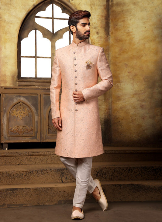 Jacquard Work Imported Peach Indo Western Sherwani - M3994