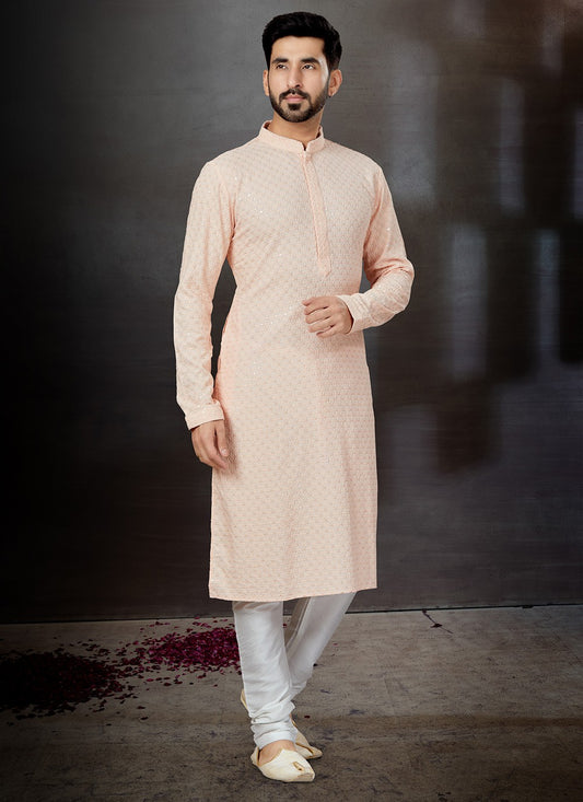 Lucknowi Work Rayon Peach Kurta Pyjama - M4781