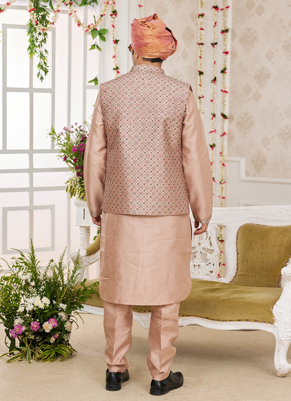 Machine Embroidery Banarasi Silk Peach Kurta Payjama With Jacket - M8748