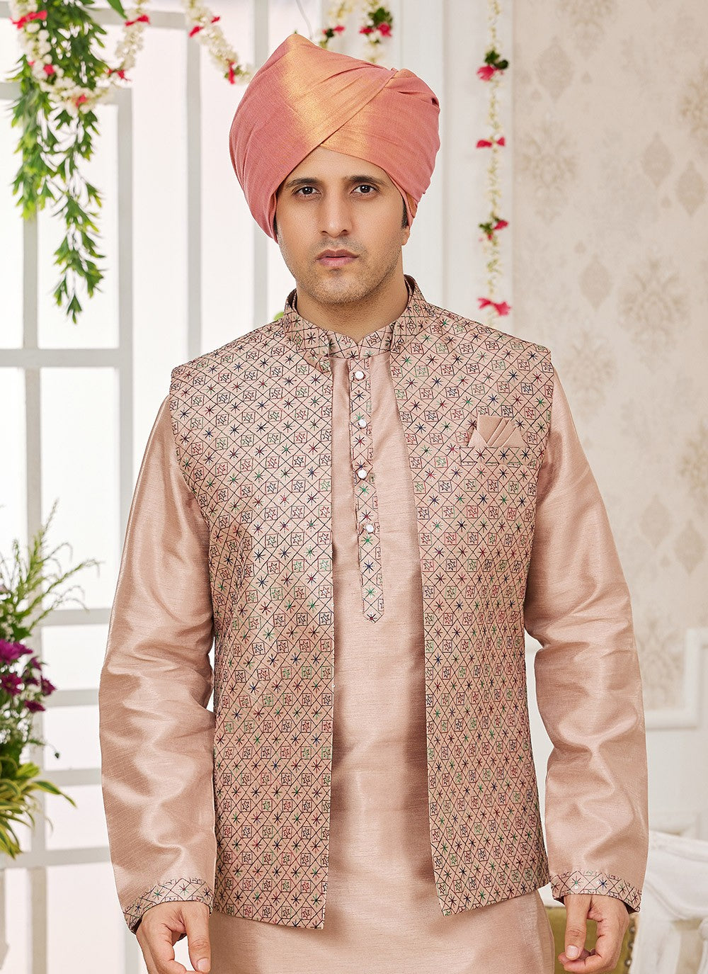 Machine Embroidery Banarasi Silk Peach Kurta Payjama With Jacket - M8748