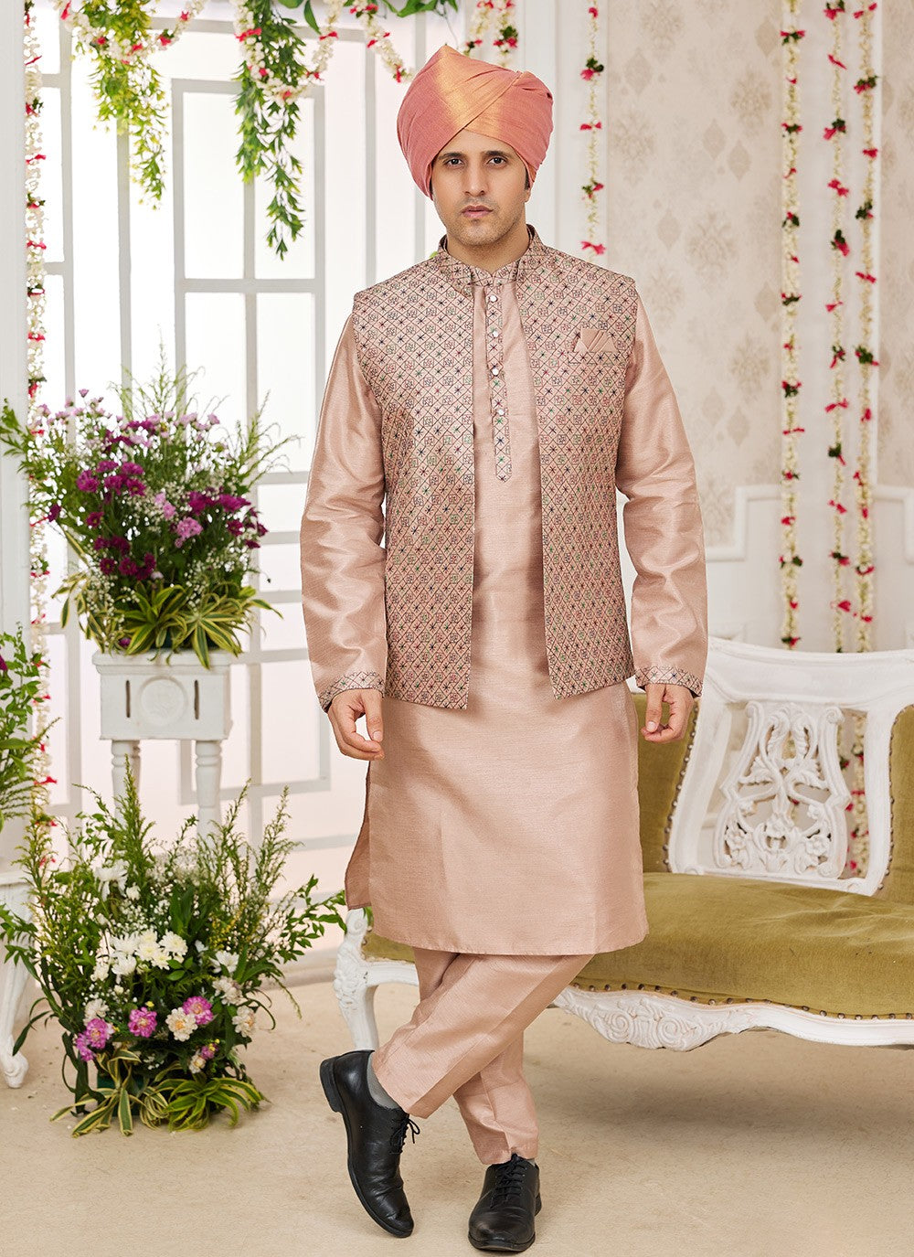 Machine Embroidery Banarasi Silk Peach Kurta Payjama With Jacket - M8748