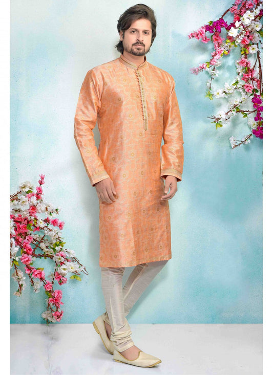 Printed Brocade, Jacquard Peach Kurta Pyjama - M1674