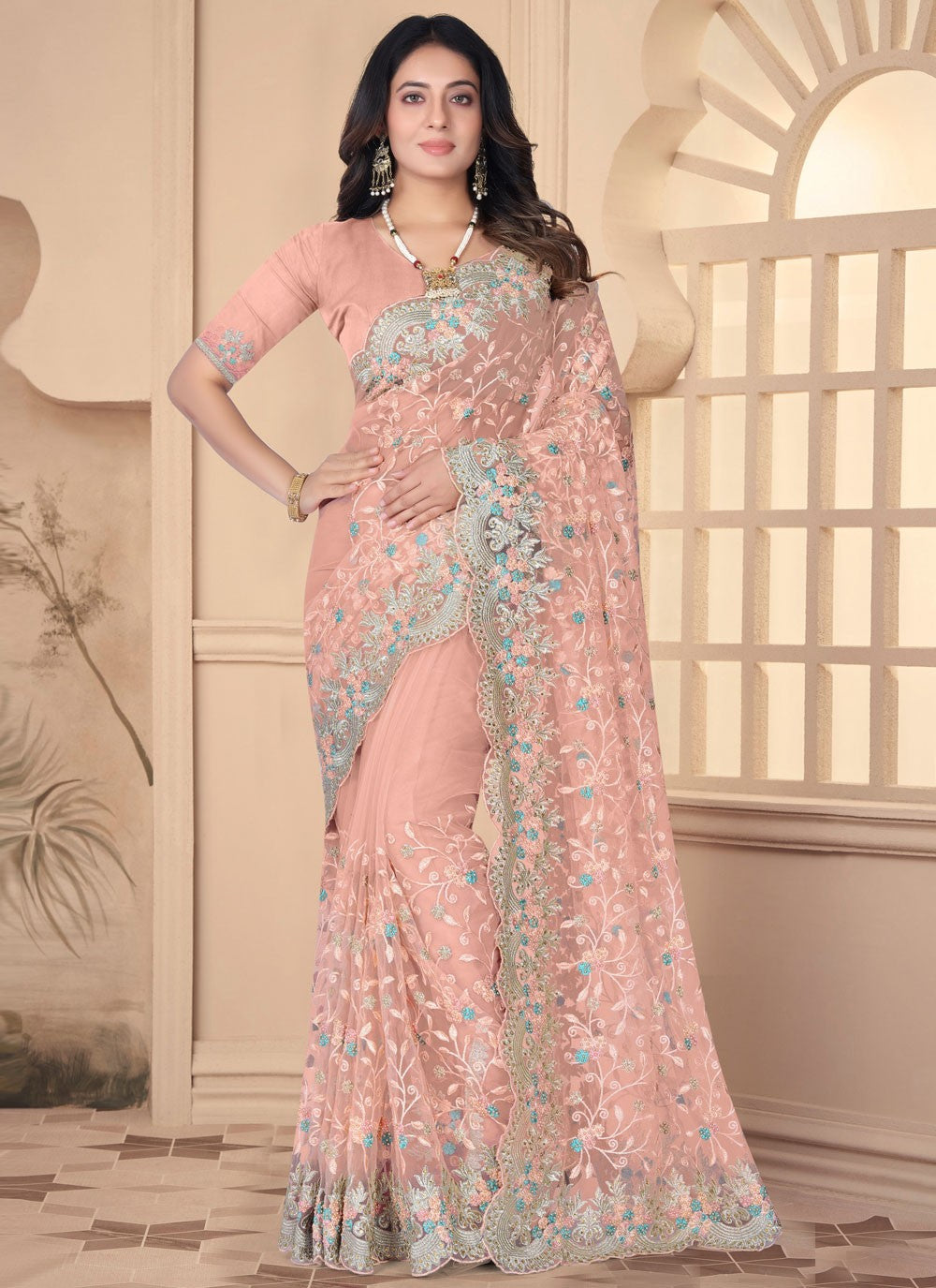 Classic Embroidered Net Saree - S6455