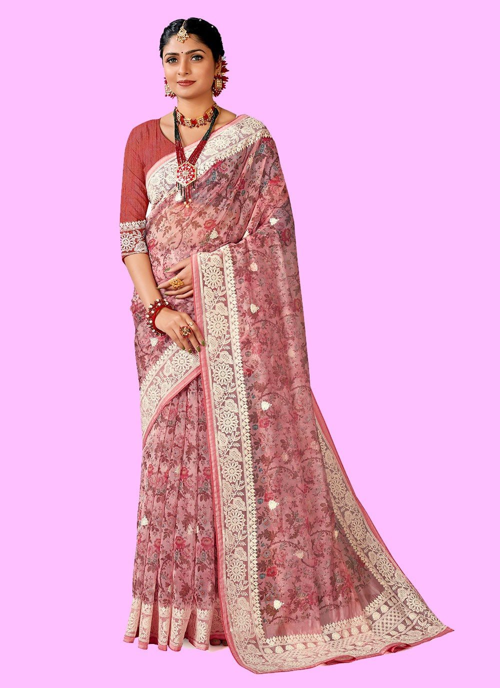 Classic Digital Print Organza Saree - S4443