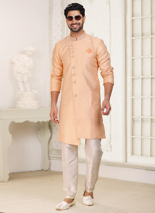 Embroidered Banarasi Jacquard Peach Indo Western - M5241