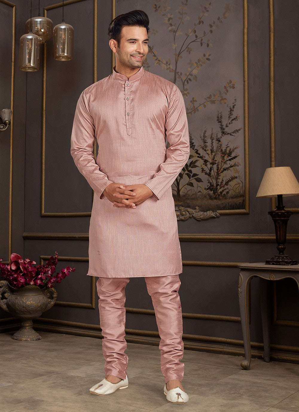 Plain Silk Peach Kurta Pyjama - M3393