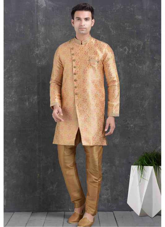 Printed Jacquard Silk Peach Indo Western - M1781