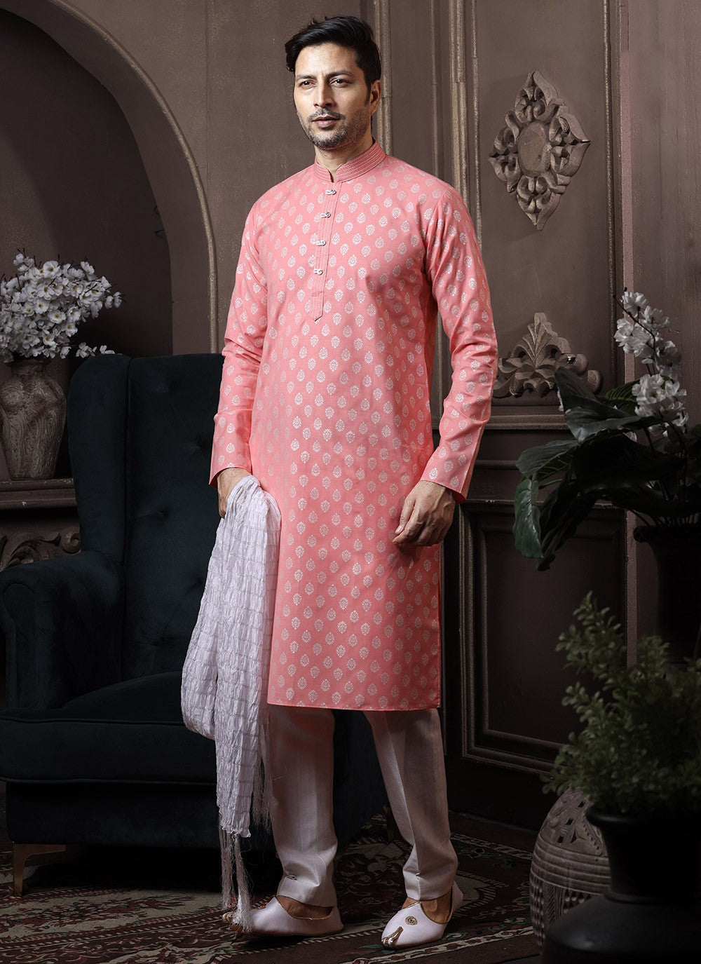 Printed Cotton Peach Kurta Pyjama - M3599