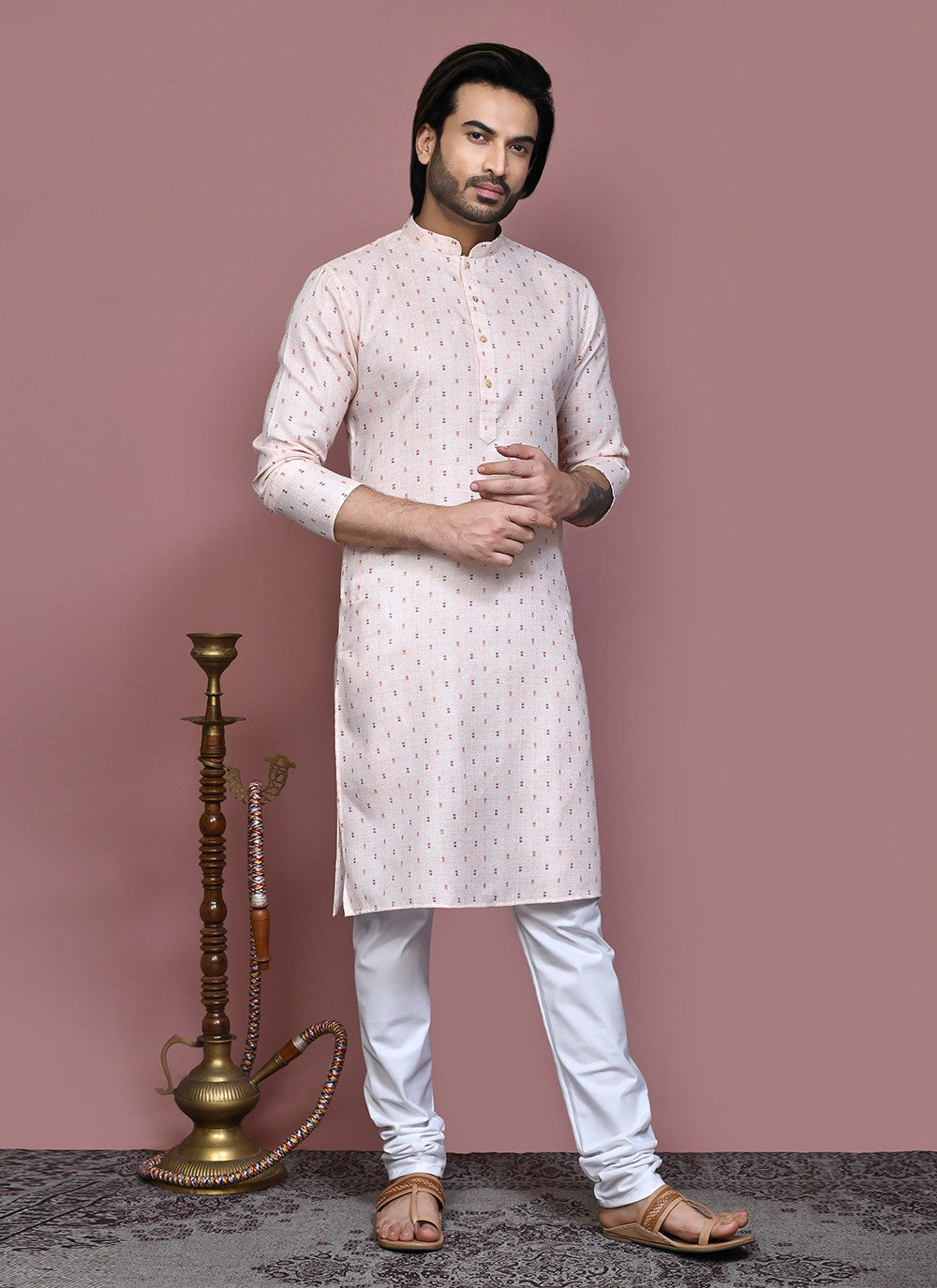 Printed Cotton Peach Kurta Pyjama - M7919