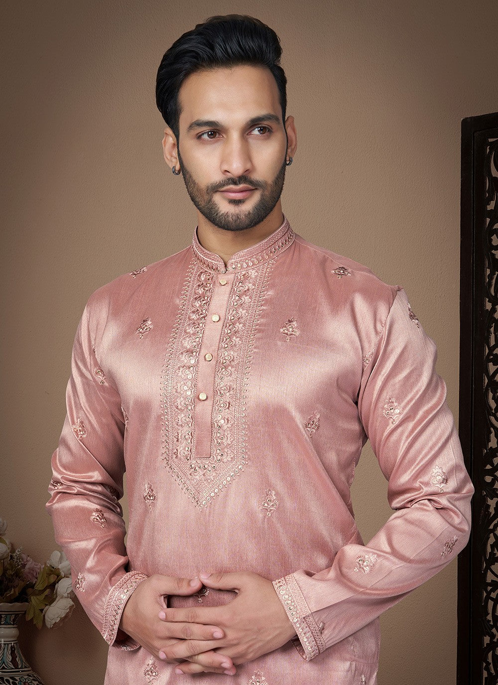 Embroidered Pure Silk Peach Kurta Pyjama - M8495