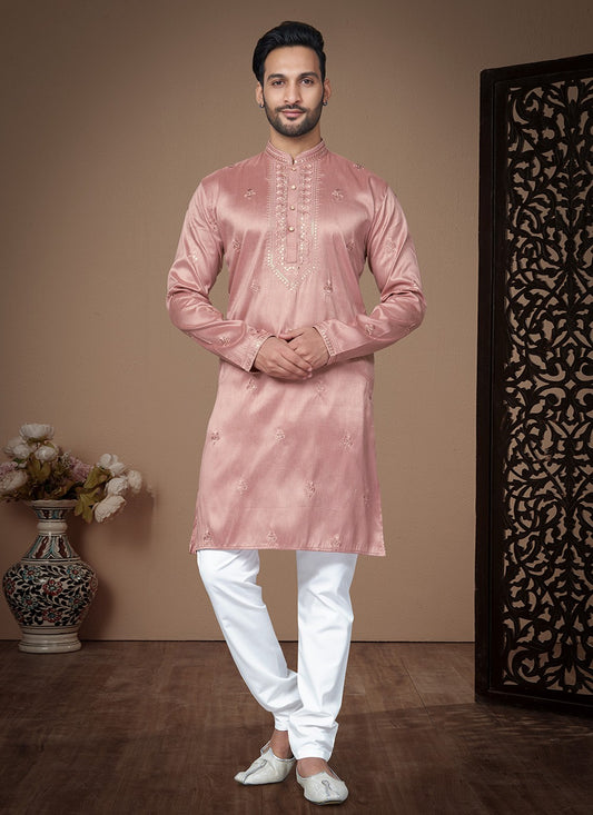 Embroidered Pure Silk Peach Kurta Pyjama - M8495