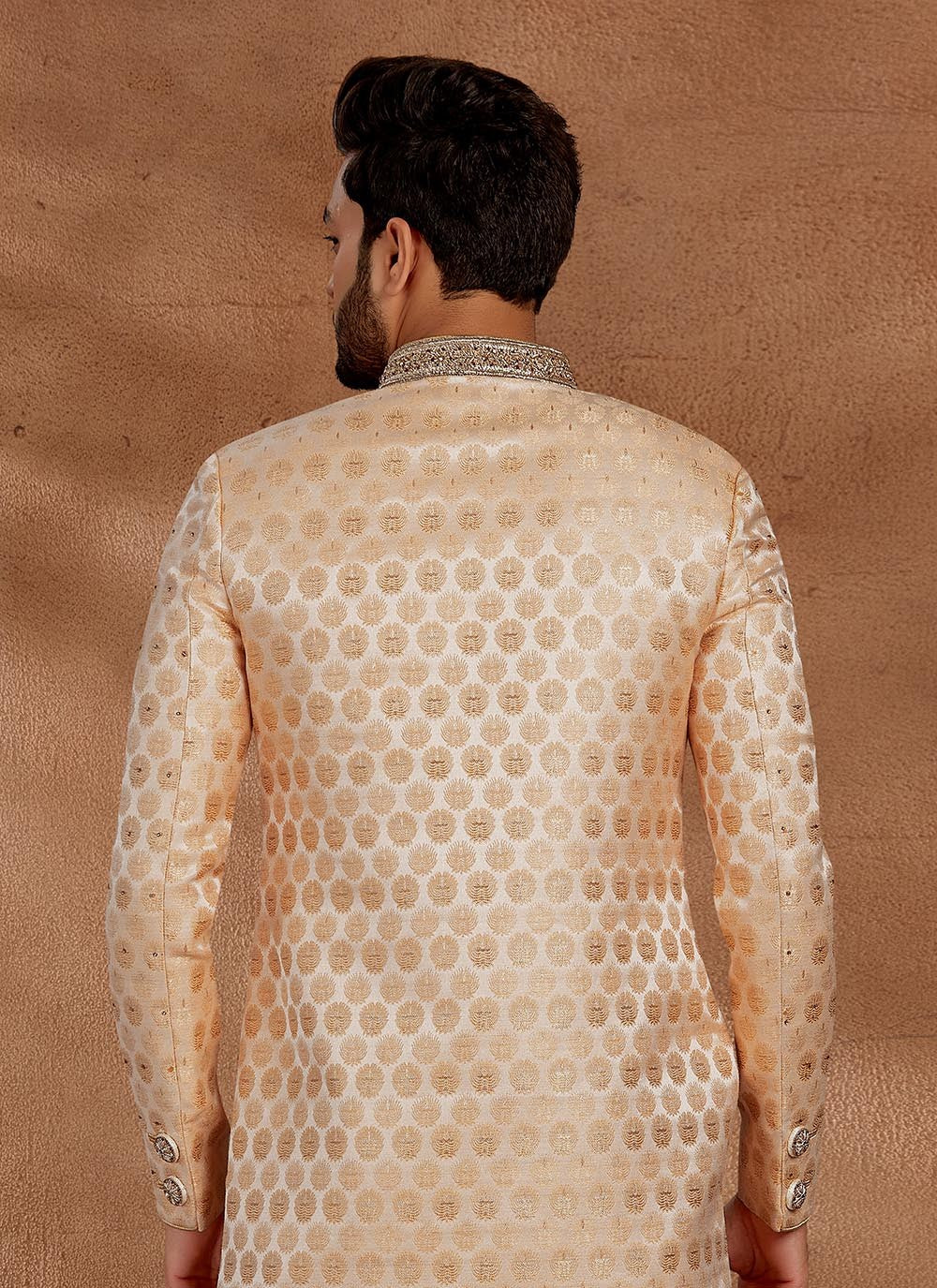 Jacquard Work Jacquard Peach Indo Western Sherwani - M2698