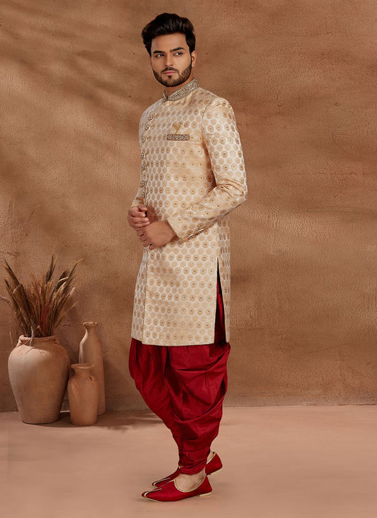 Jacquard Work Jacquard Peach Indo Western Sherwani - M2698