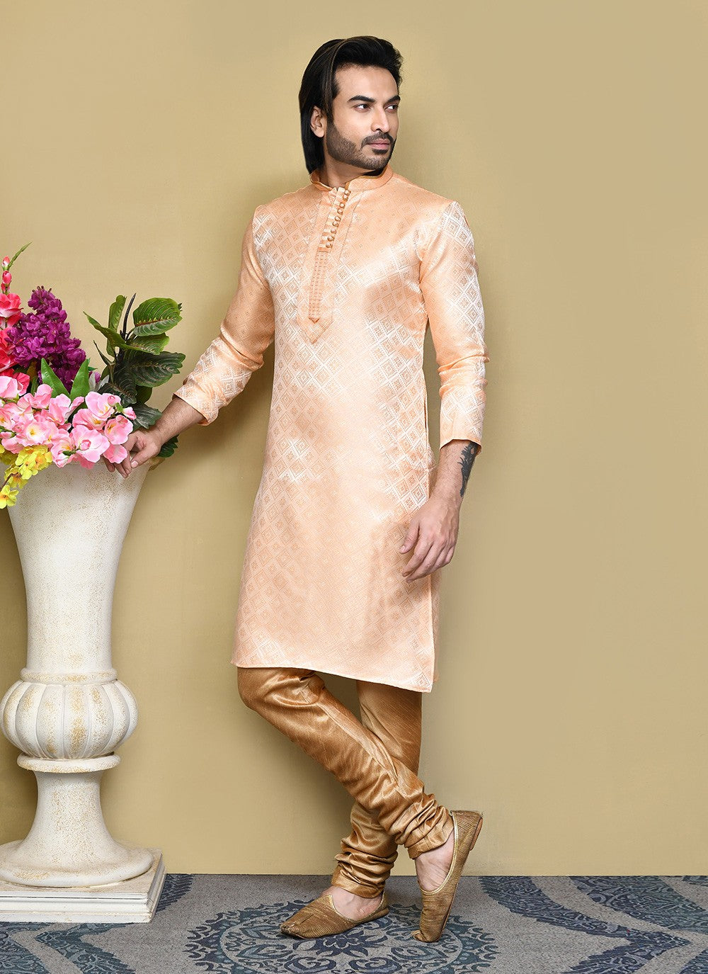 Resham Art Silk Peach Kurta Pyjama - M7836