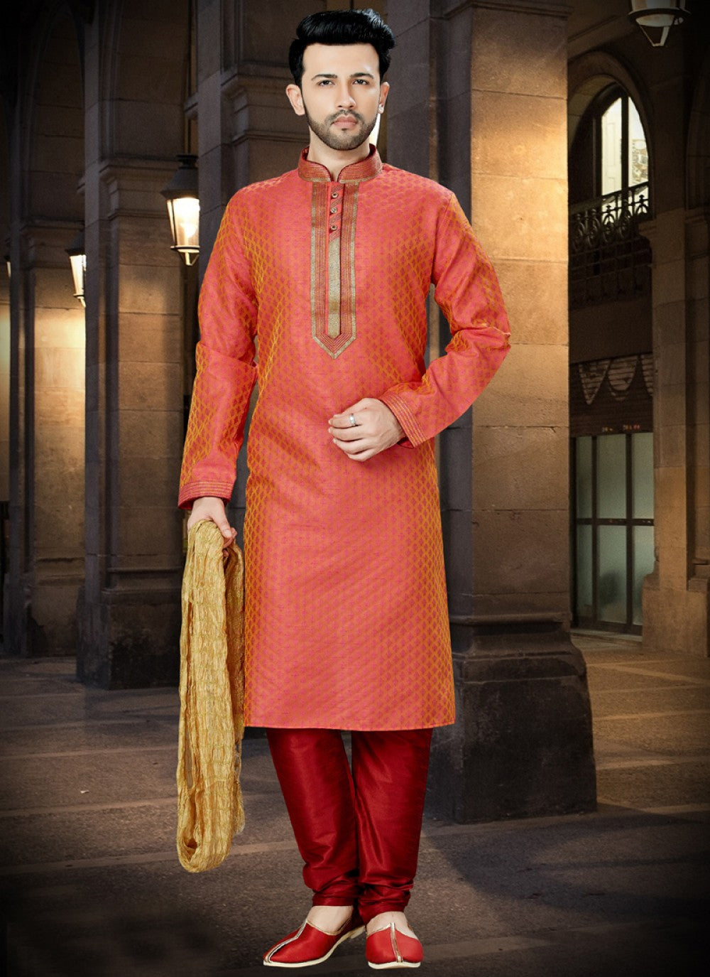 Embroidered Jacquard Silk Peach Kurta Pyjama - M1040