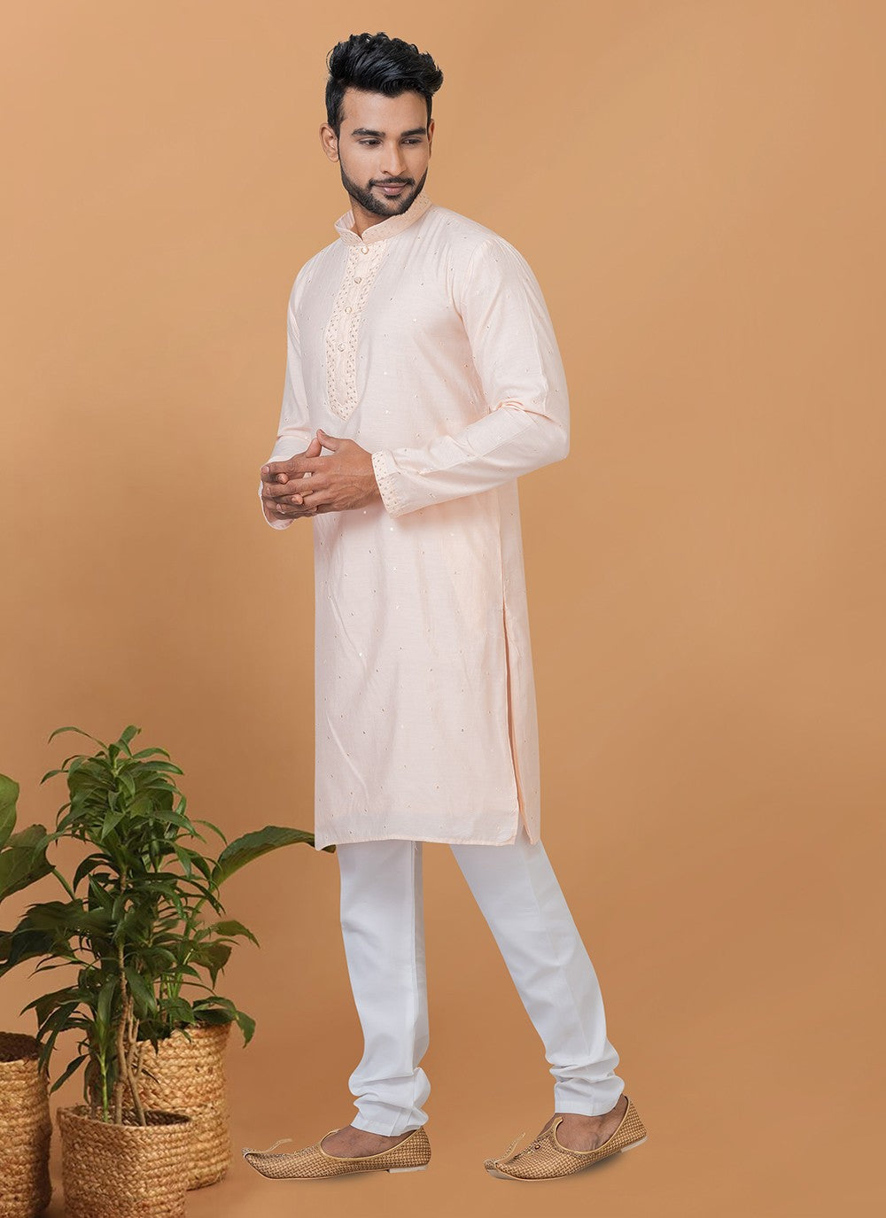 Embroidered Cotton , Viscose Peach Kurta Pyjama - M6272