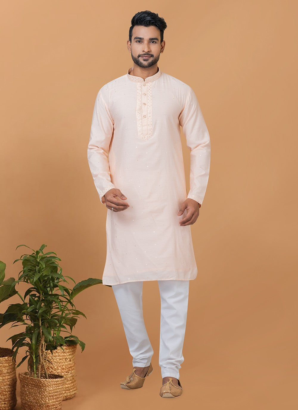 Embroidered Cotton , Viscose Peach Kurta Pyjama - M6272