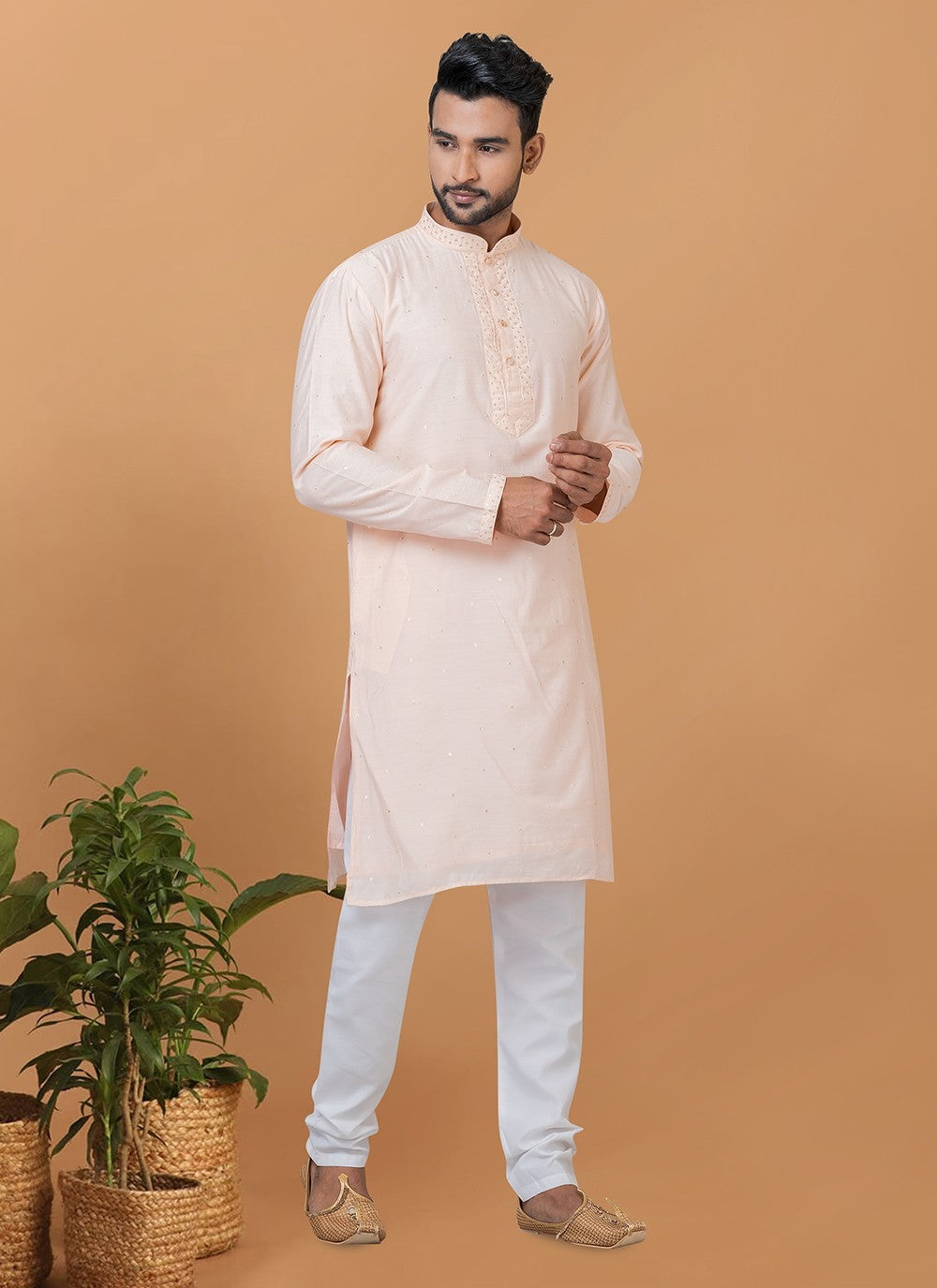 Embroidered Cotton , Viscose Peach Kurta Pyjama - M6272