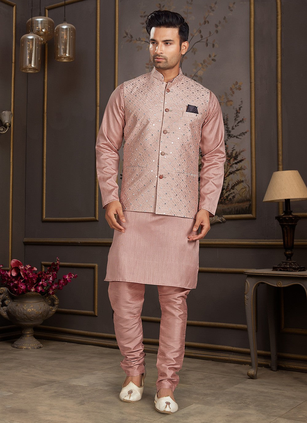 Mirror Silk Peach Kurta Payjama With Jacket - M3402