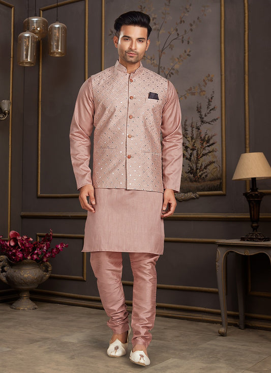 Mirror Silk Peach Kurta Payjama With Jacket - M3402