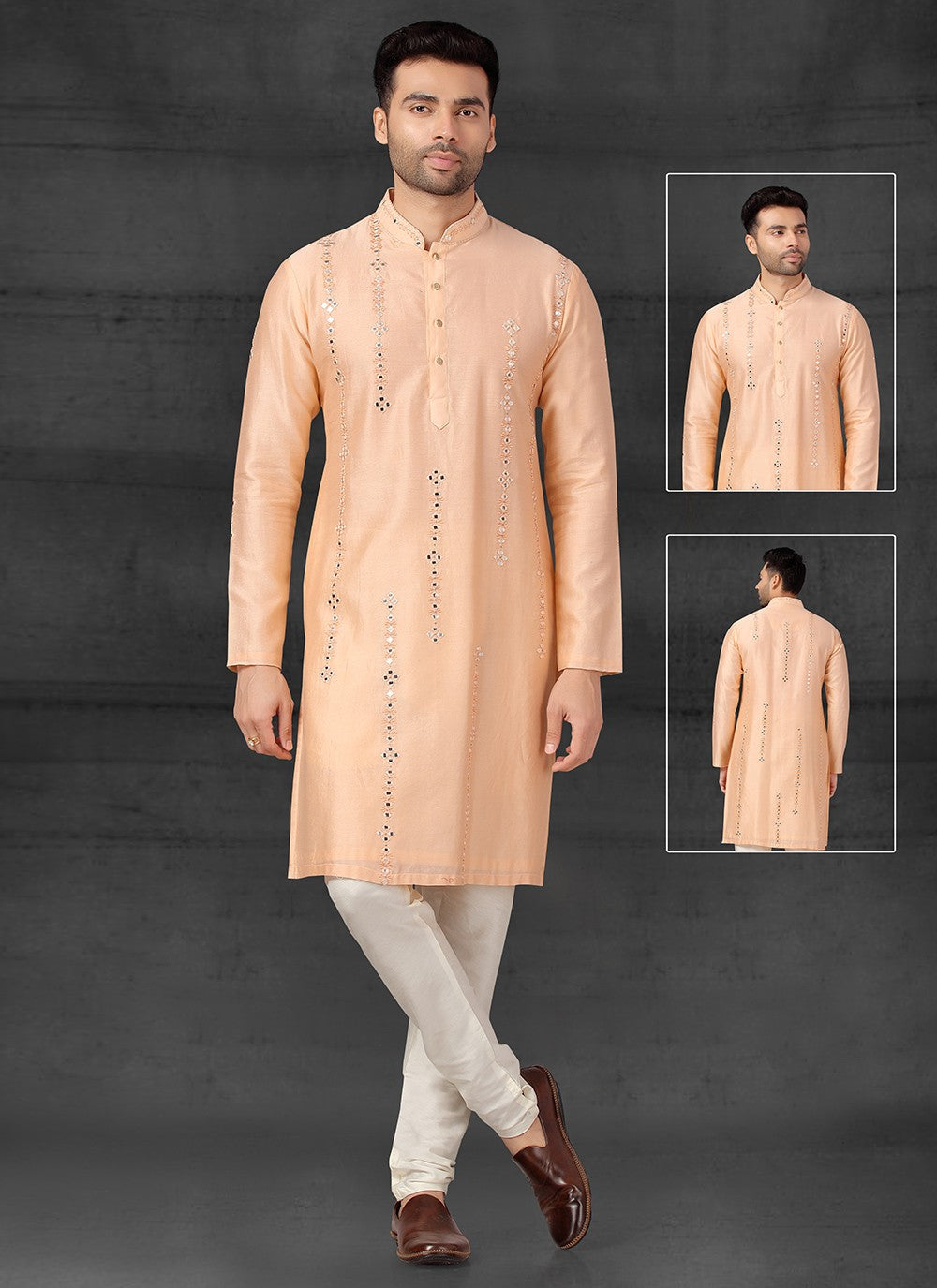 Embroidered Silk Peach Kurta Pyjama - M4106