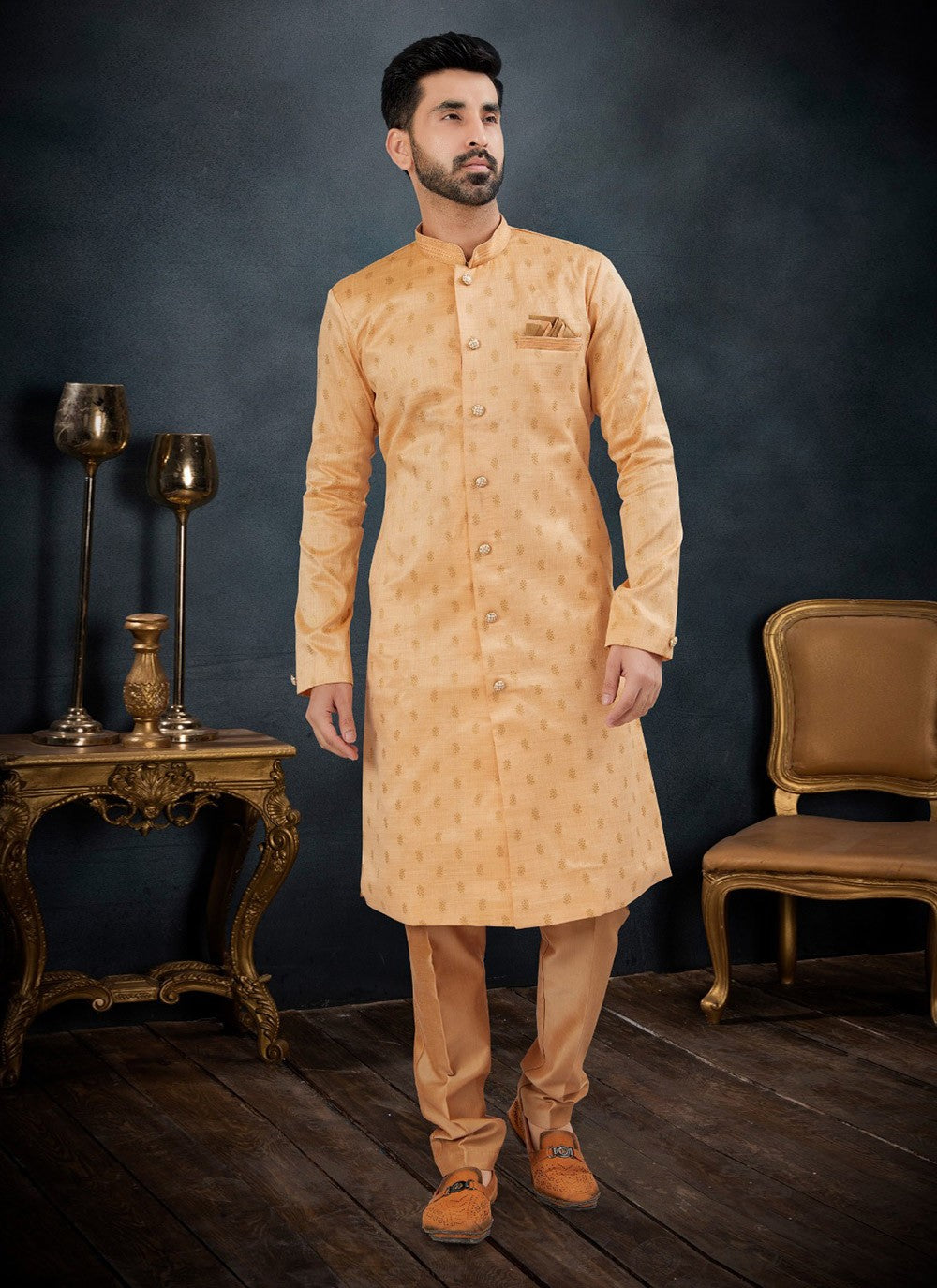 Fancy Work Banarasi Jacquard Peach Kurta Pyjama - M7122