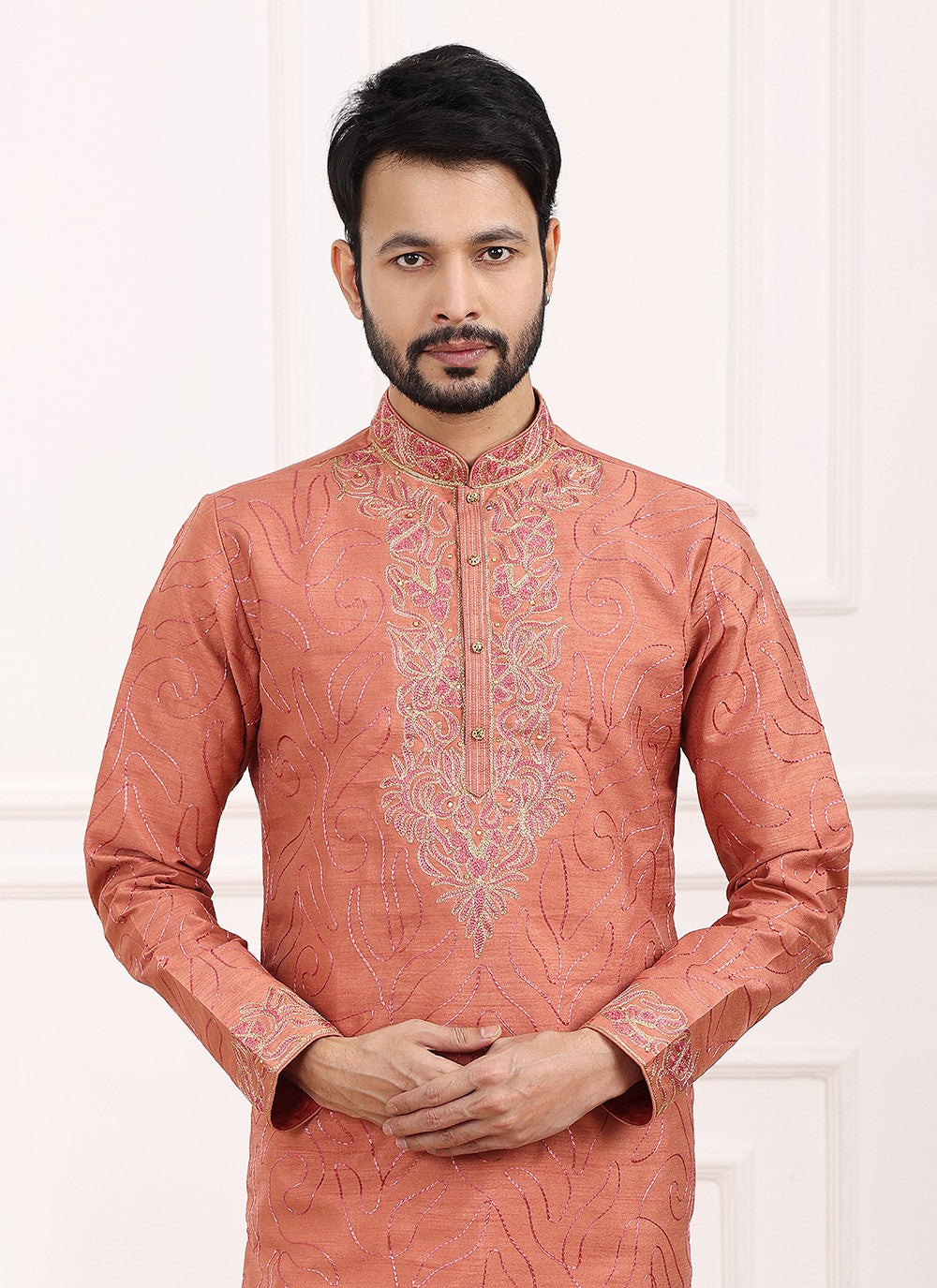 Thread Banarasi Silk Peach Kurta Pyjama - M6127