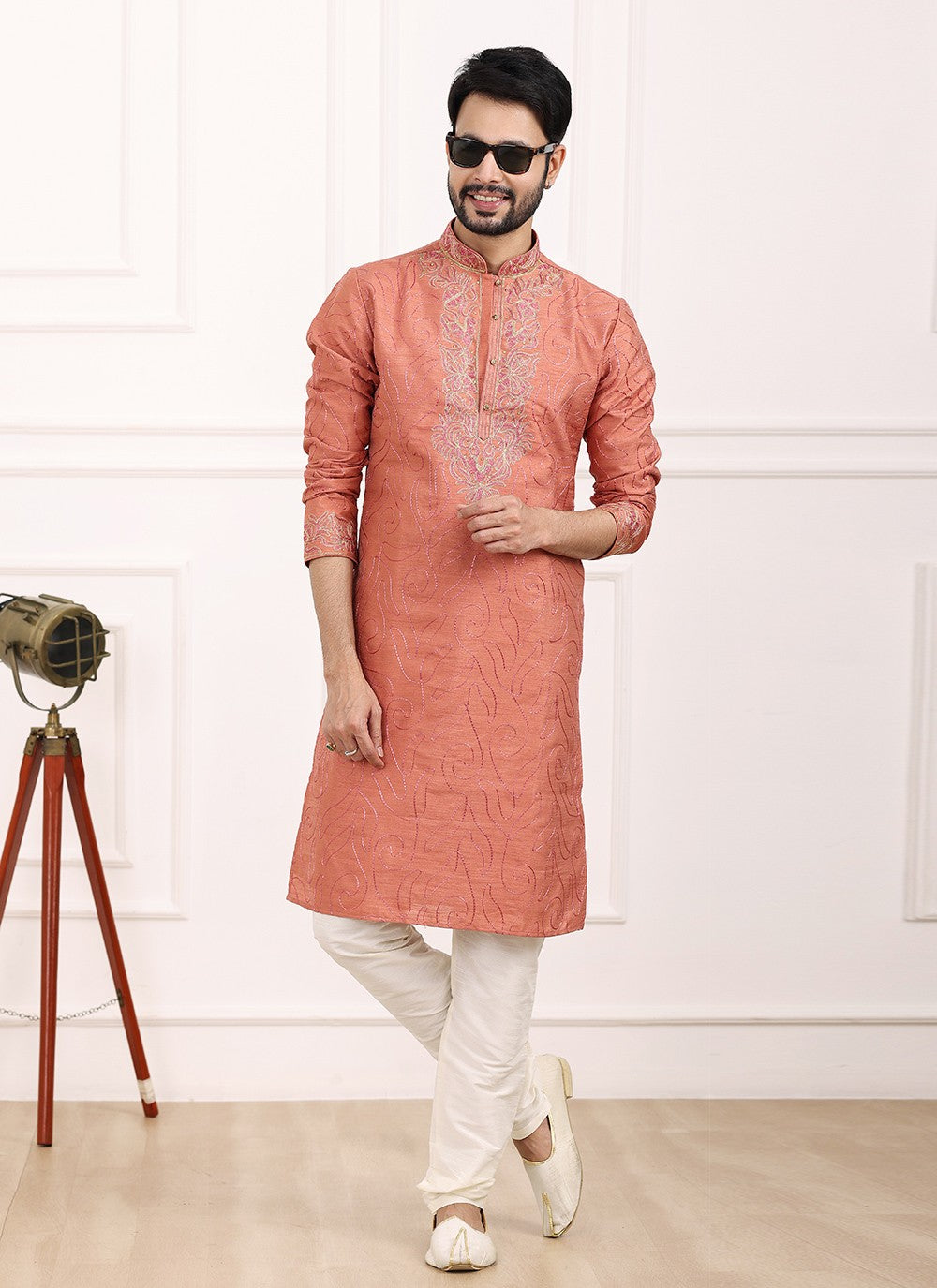 Thread Banarasi Silk Peach Kurta Pyjama - M6127