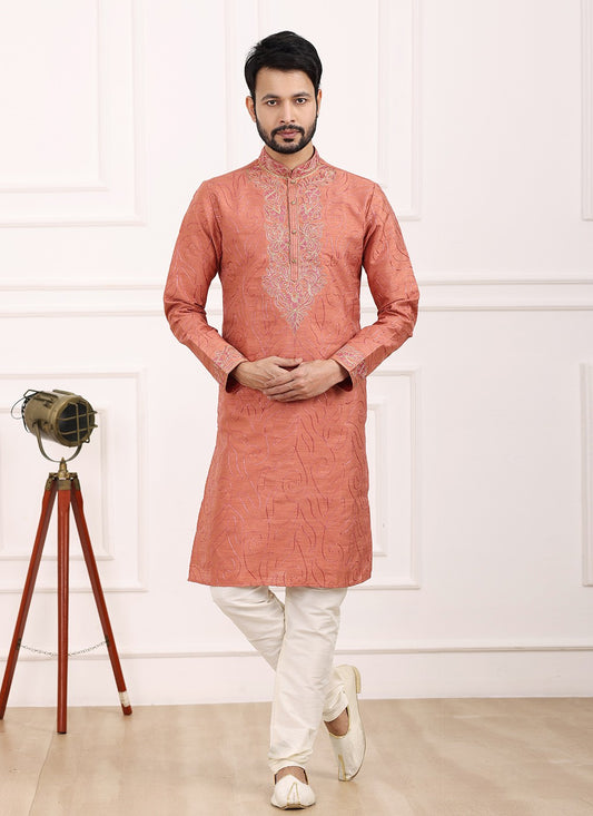 Thread Banarasi Silk Peach Kurta Pyjama - M6127