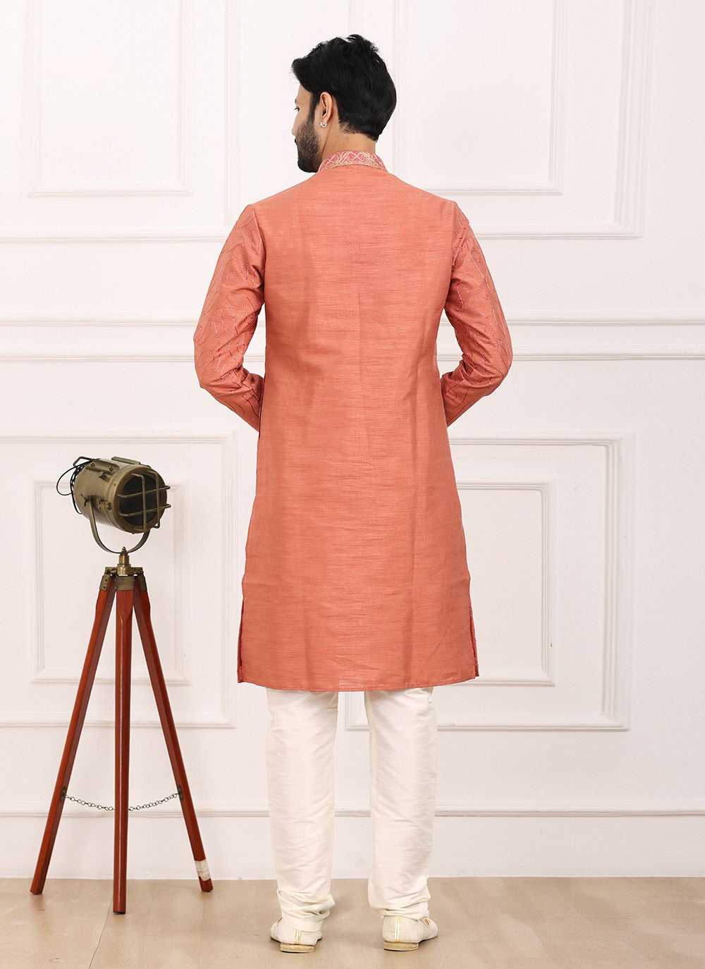 Thread Banarasi Silk Peach Kurta Pyjama - M6127