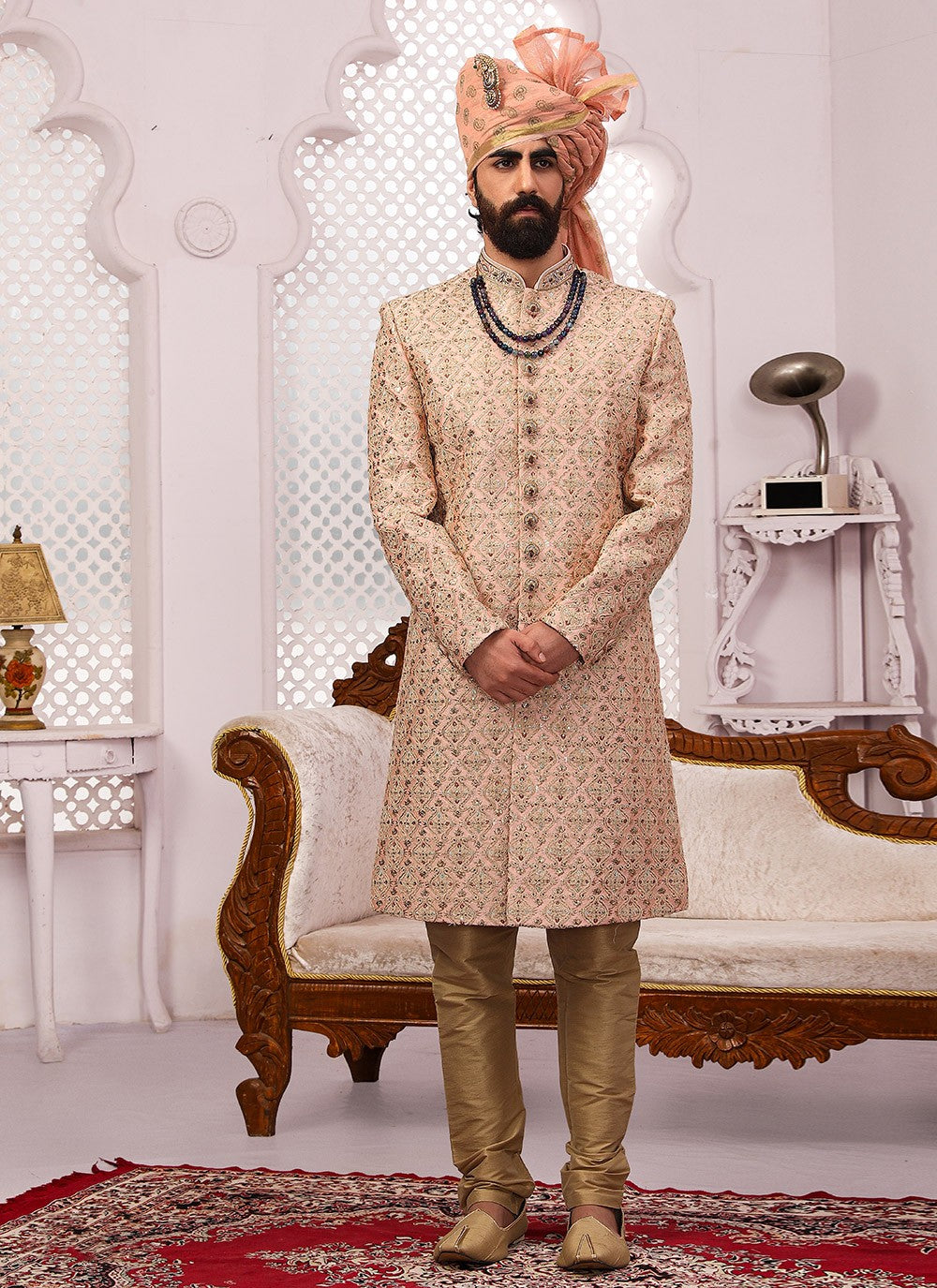 Embroidered Banarasi Silk Peach Sherwani - M3318