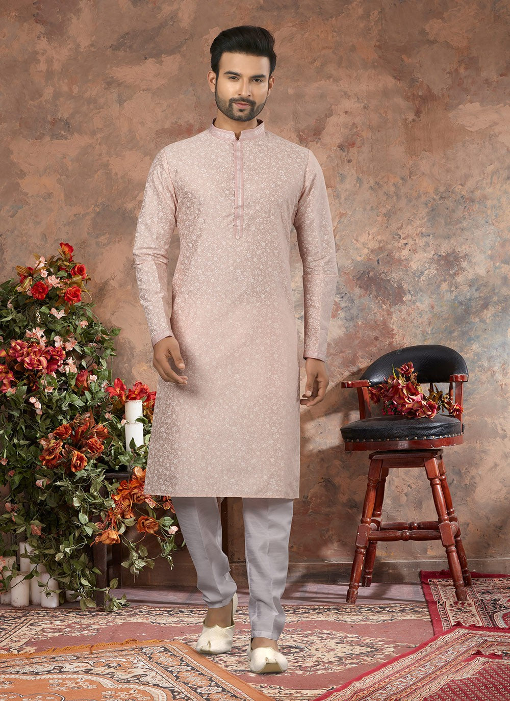 Digital Print Silk Peach Kurta Pyjama - M3055