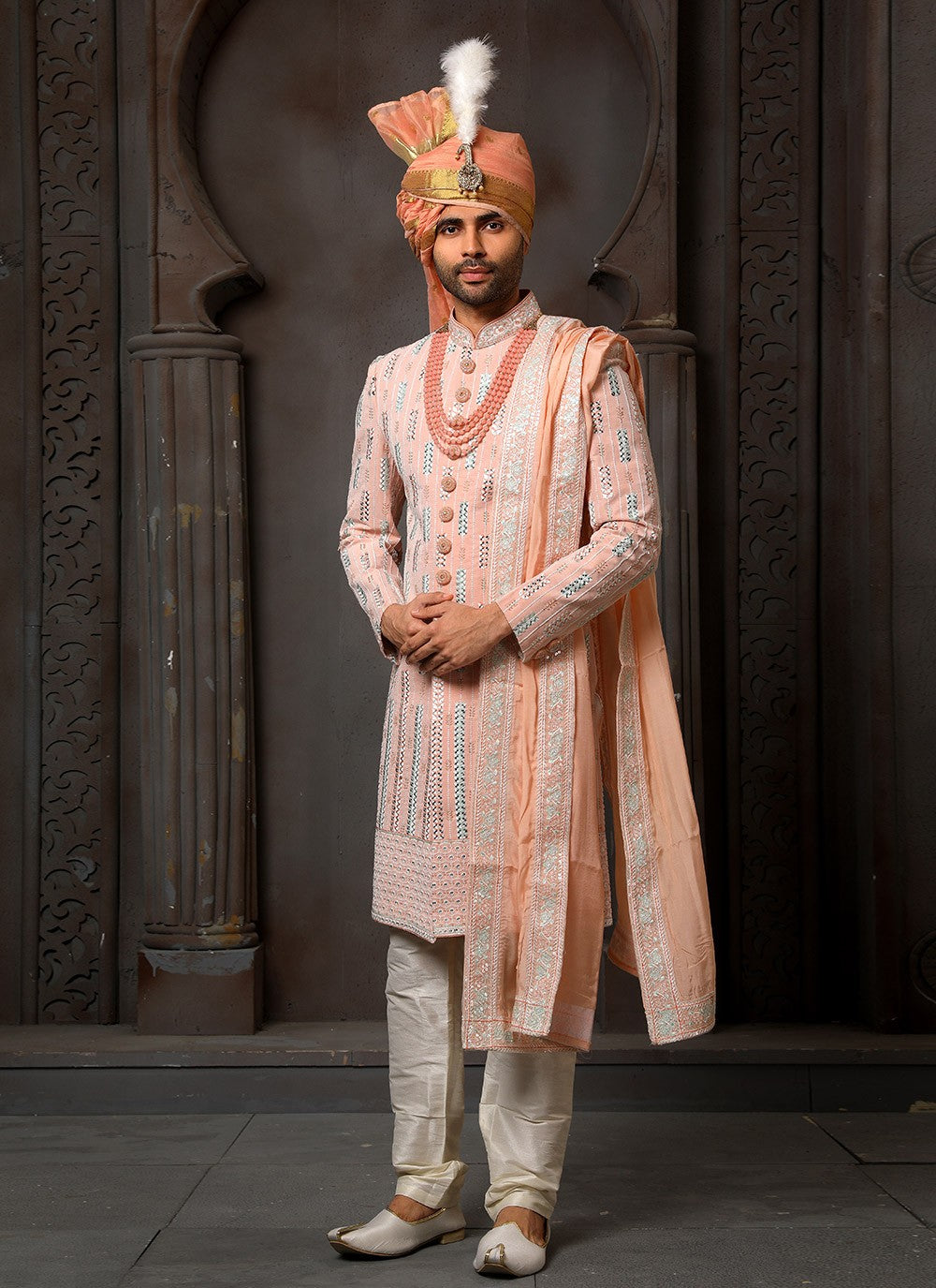 Machine Embroidery Georgette Peach Sherwani - M4113