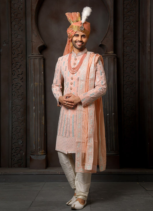 Machine Embroidery Georgette Peach Sherwani - M4113