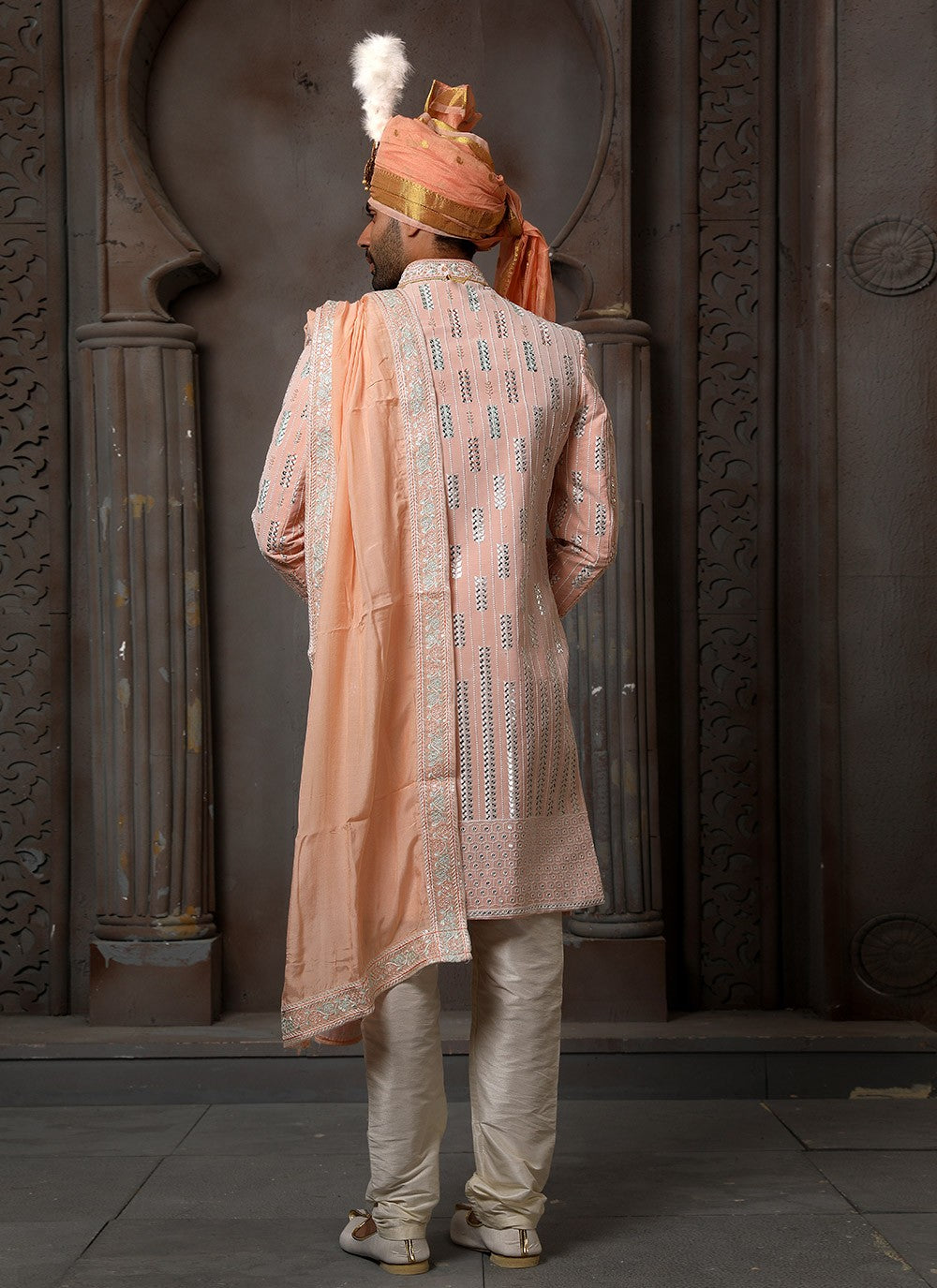 Machine Embroidery Georgette Peach Sherwani - M4113