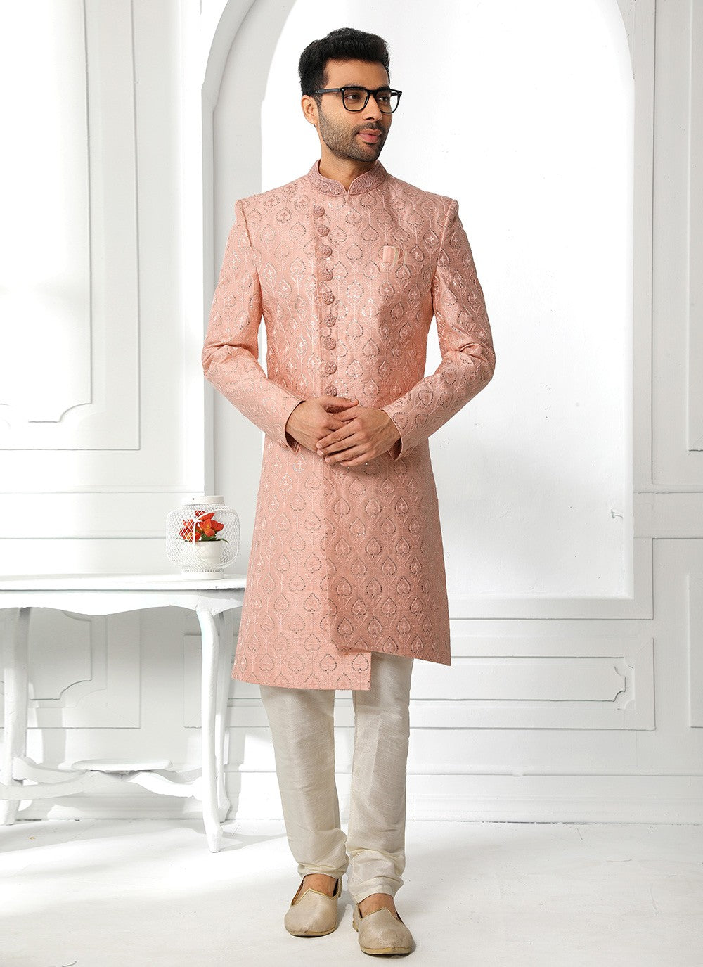 Machine Embroidery Art Silk Peach Sherwani - M4134