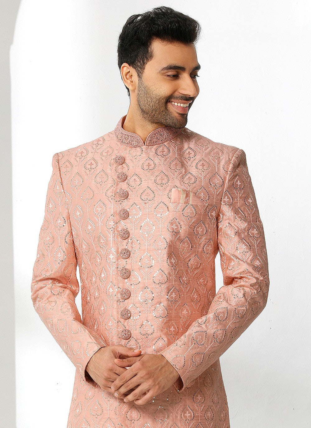 Machine Embroidery Art Silk Peach Sherwani - M4134