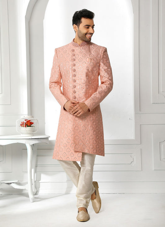 Machine Embroidery Art Silk Peach Sherwani - M4134