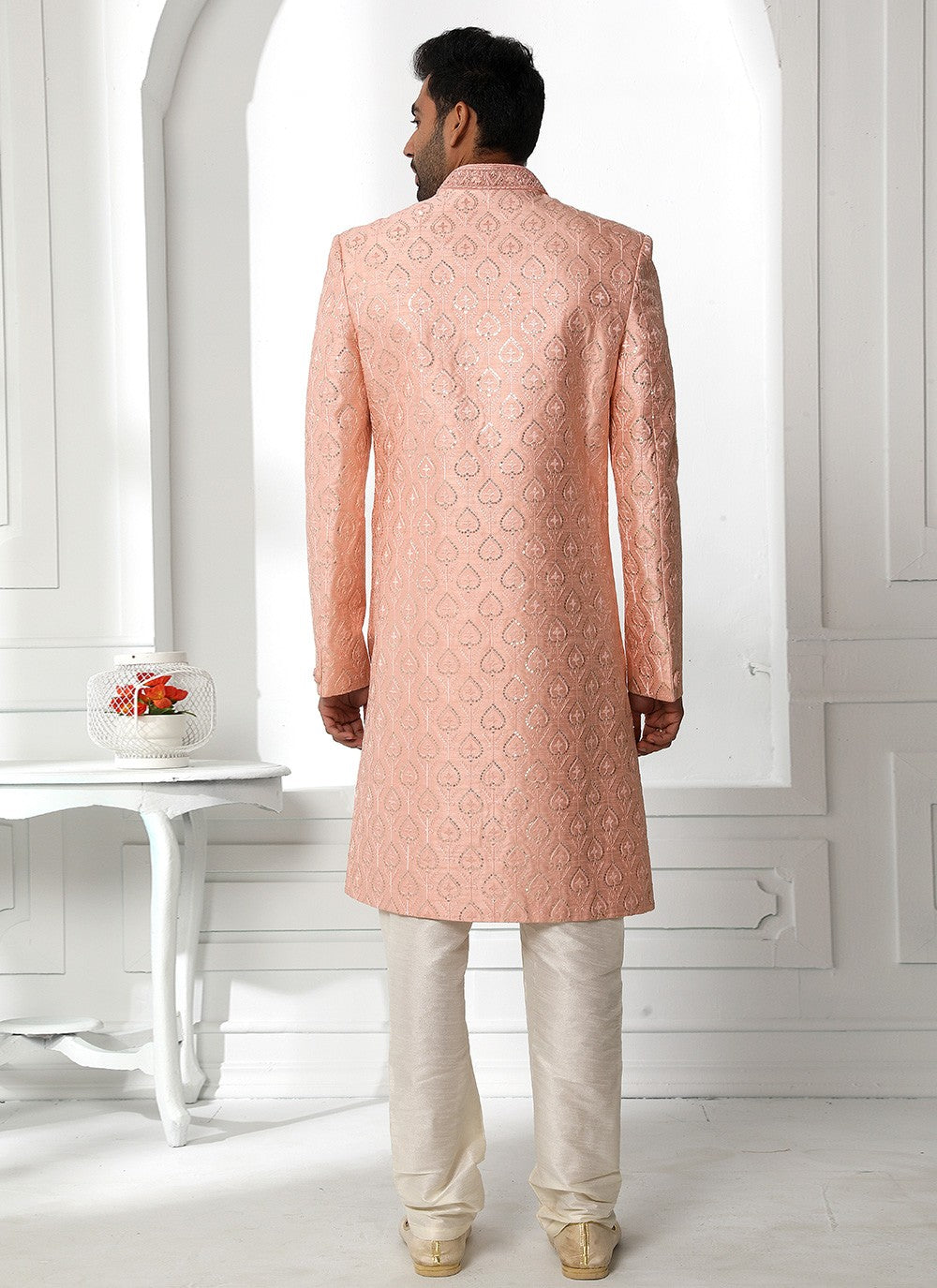 Machine Embroidery Art Silk Peach Sherwani - M4134