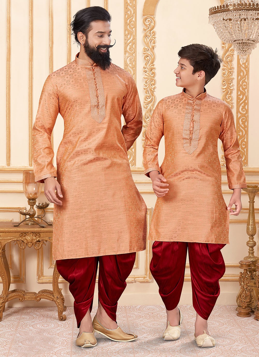 Woven Jacquard Silk Peach Dhoti Kurta - M1926