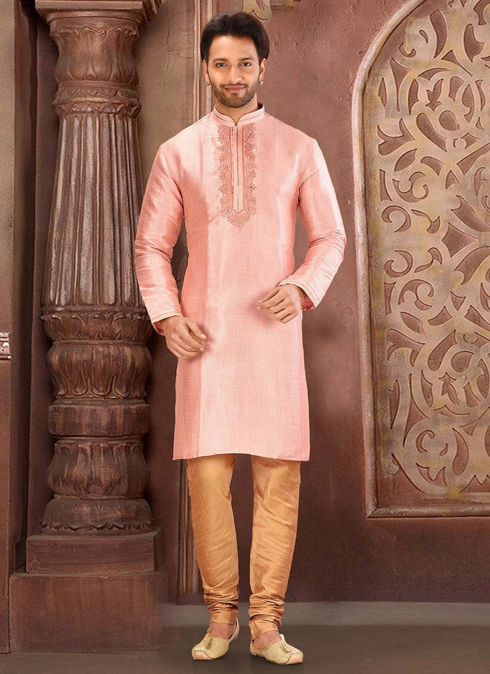 Zardosi Malbari Silk Peach Kurta Pyjama - M2740