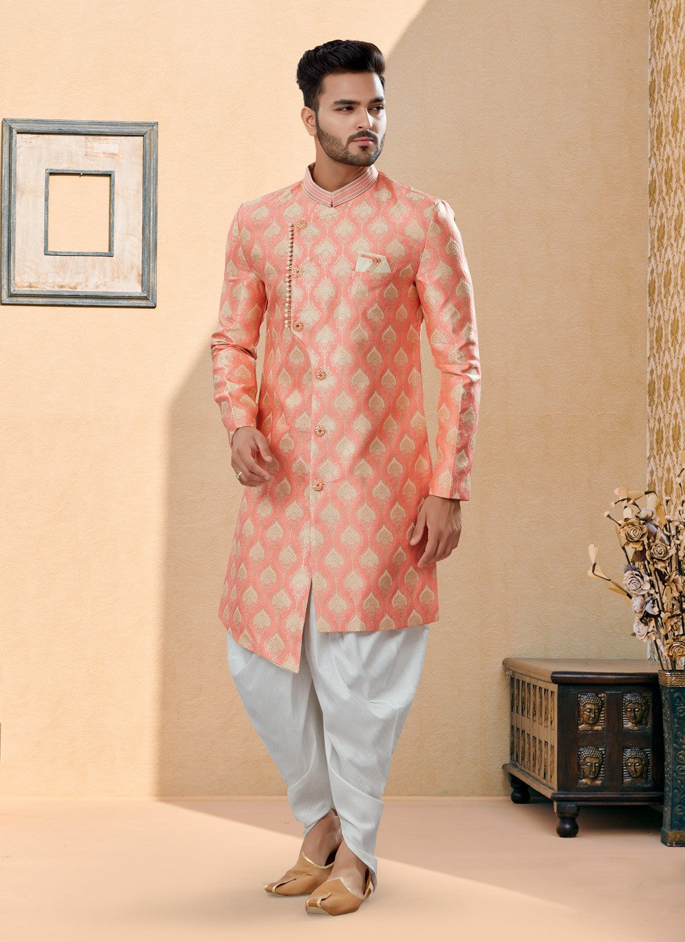 Stones Banarasi Jacquard Peach Indo Western Sherwani - M3888