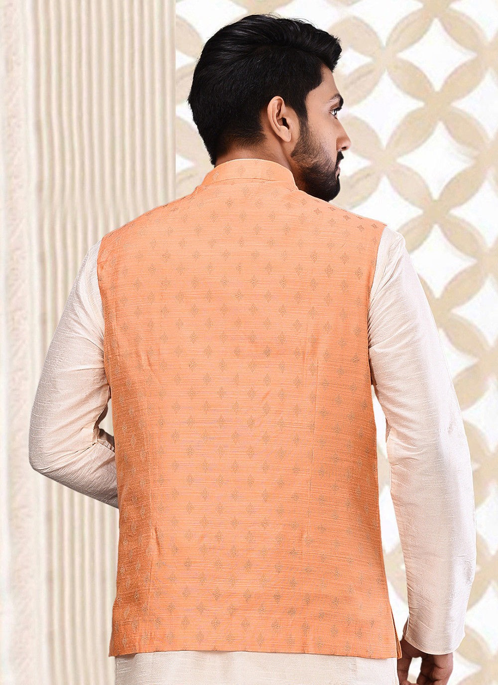 Weaving Zari Malbari Silk Peach Nehru Jackets - M2746