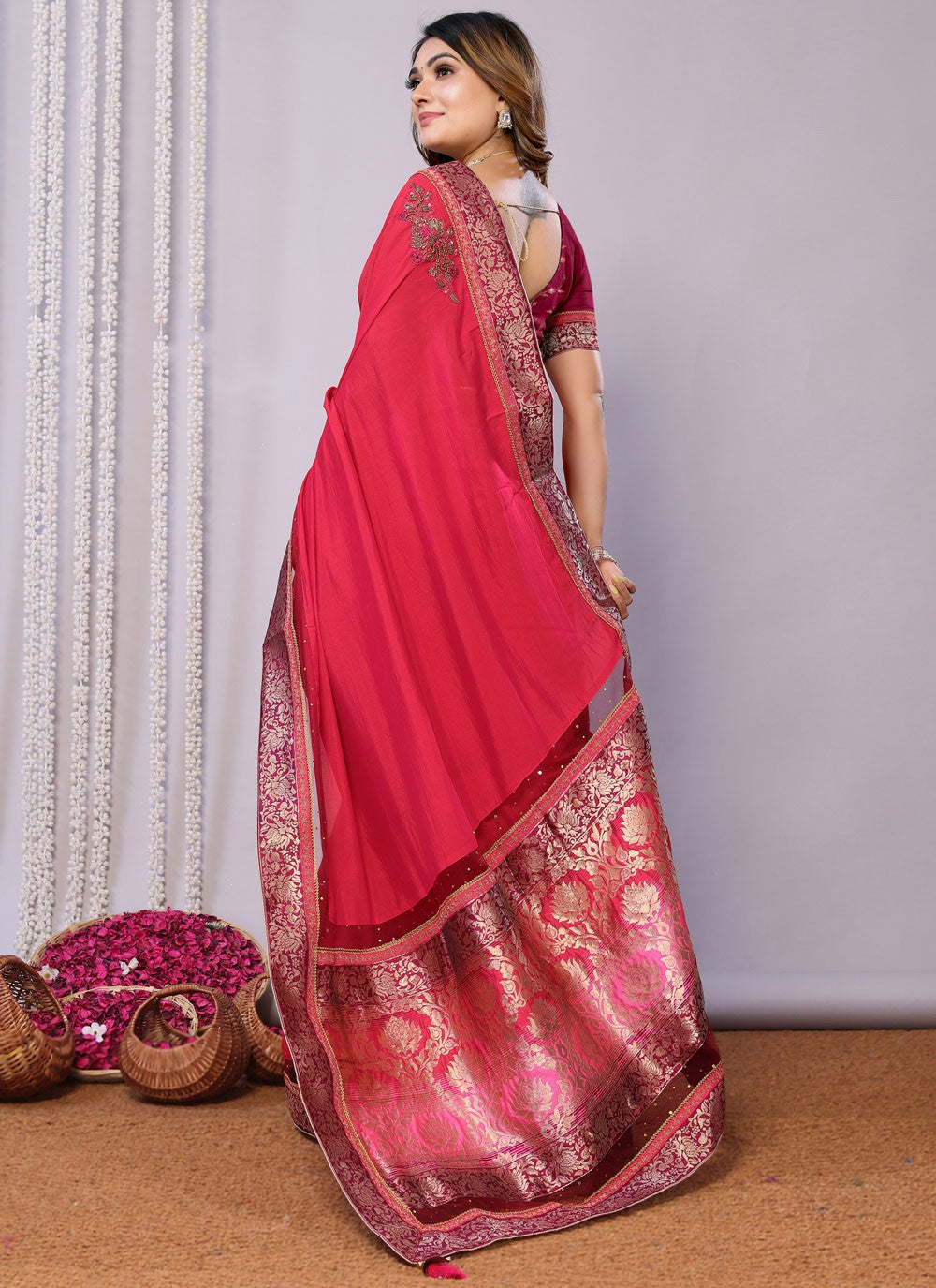 Classic Embroidered Tussar Silk Pink Saree - S10707