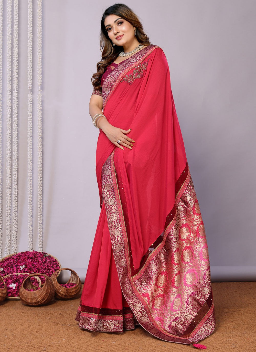 Classic Embroidered Tussar Silk Pink Saree - S10707