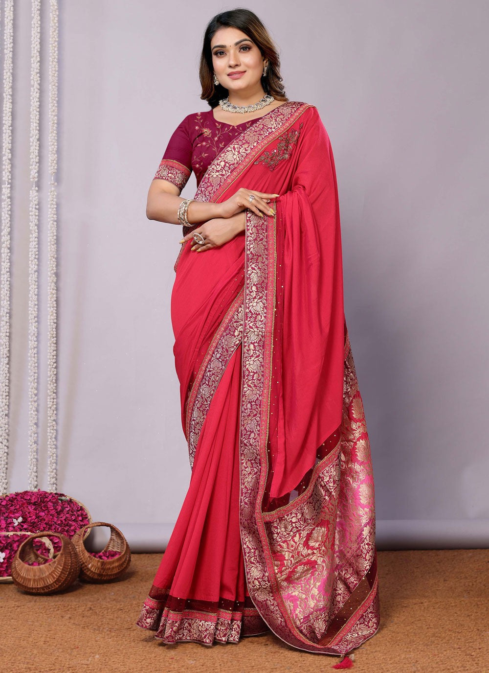 Classic Embroidered Tussar Silk Pink Saree - S10707